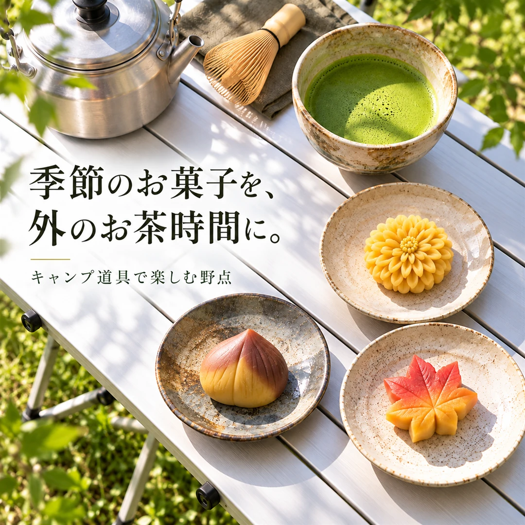 野点バナーCの秋の案。菊・栗・紅葉の練切りと抹茶