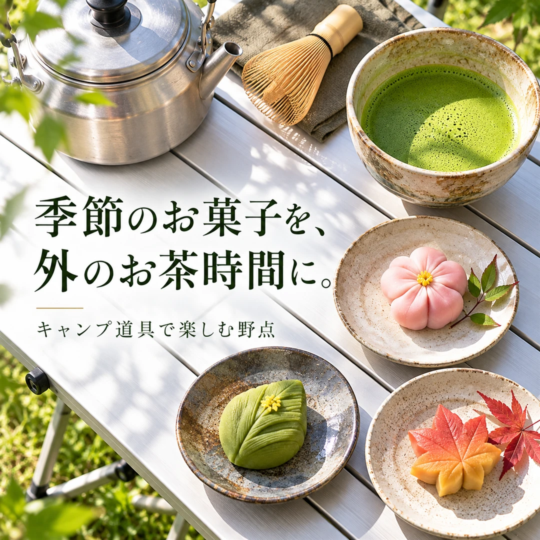 野点バナーC。花・葉・紅葉をかたどった練切りと抹茶
