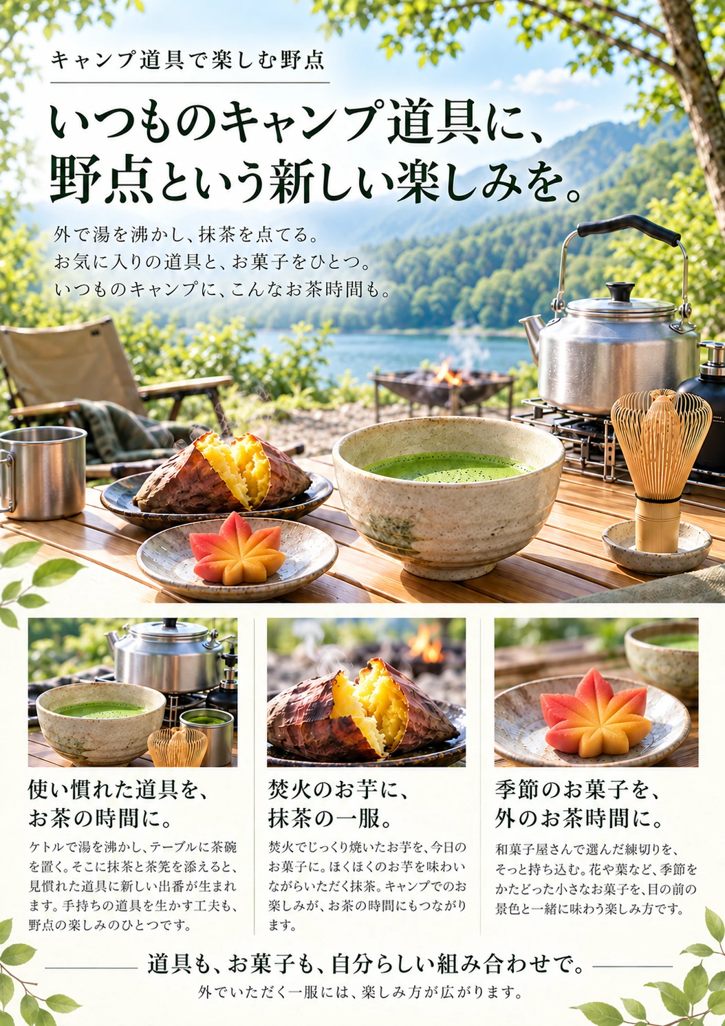 キャンプ道具で楽しむ野点の紹介チラシ。抹茶・ケトル・焼き芋・紅葉の練切りを配置