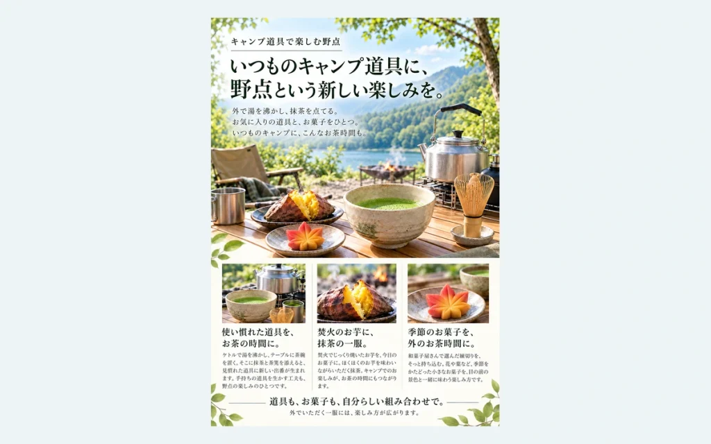野点のサンプルチラシ全体。湖畔で楽しむ抹茶・焼き芋・紅葉の練切り